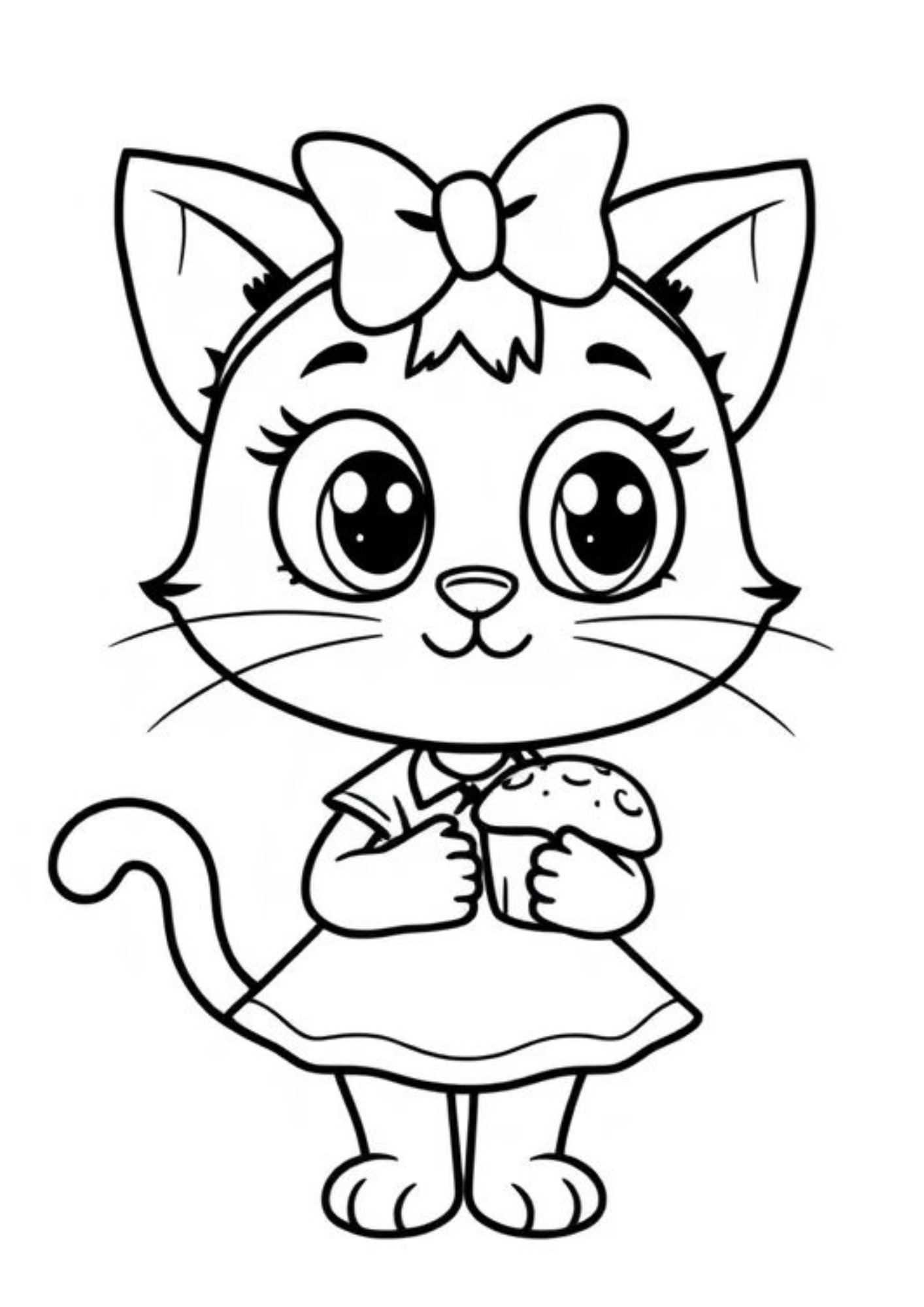 Cartoon cat with a bow holding a muffin, coloring page.