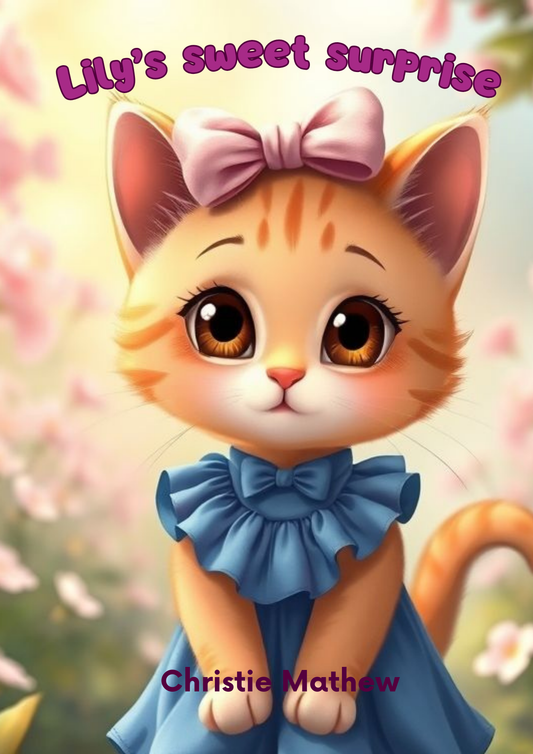 Cartoon cat in a blue dress with a pink bow, surrounded by flowers, on a book cover titled 'Lily's sweet surprise' by Christie Mathew.