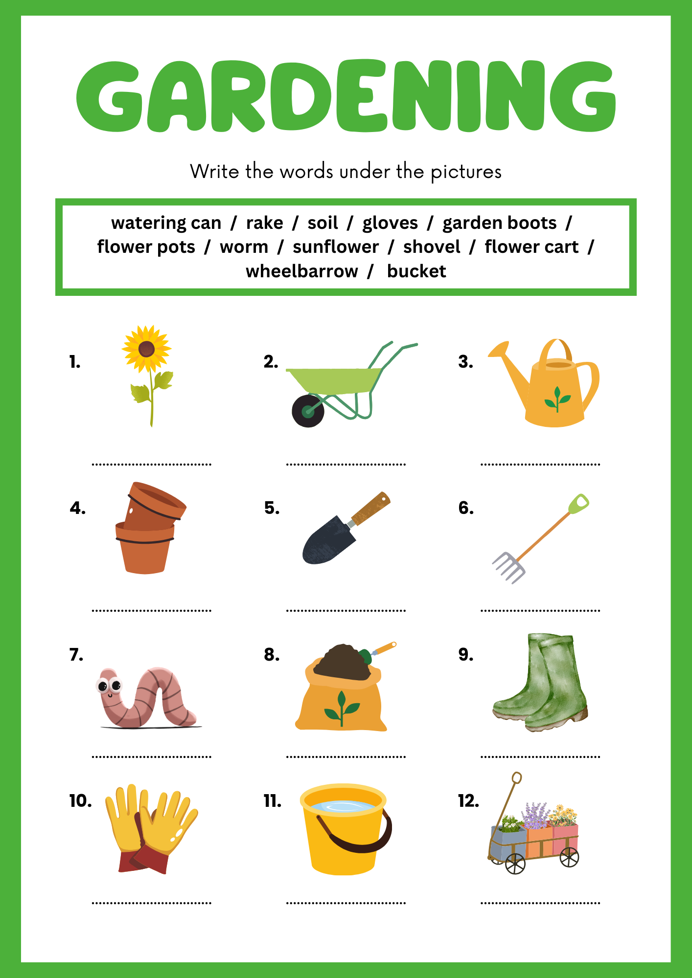 Gardening-themed worksheet with illustrations and text for vocabulary practice.