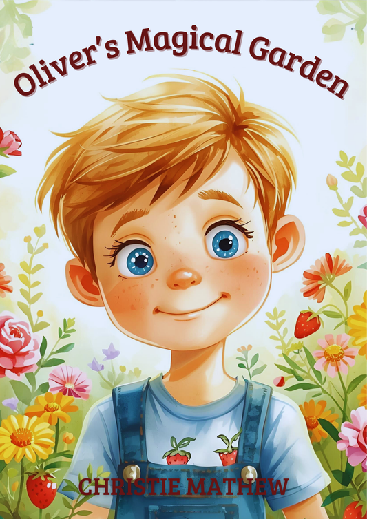 Book cover of 'Oliver's Magical Garden' with a boy and flowers