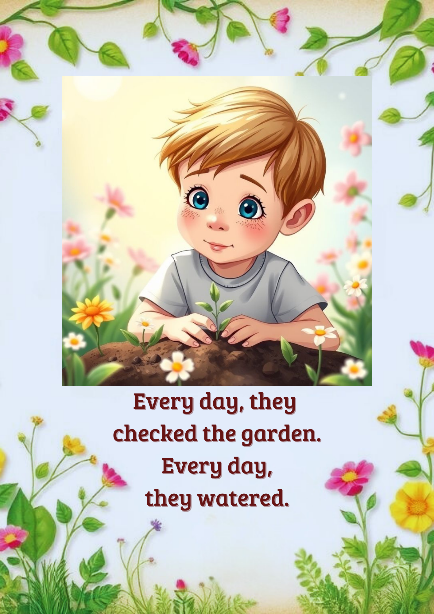Illustration of a child planting a seed with flowers and leaves around, and text about checking and watering the garden.