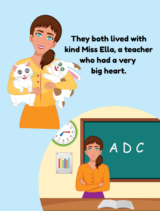 Illustration of a teacher with two cats, with text about Miss Ella, a teacher with a big heart.
