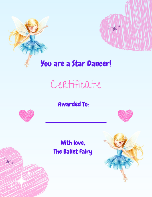 Certificate with fairy design and text 'You are a Star Dancer!' on a light blue background.