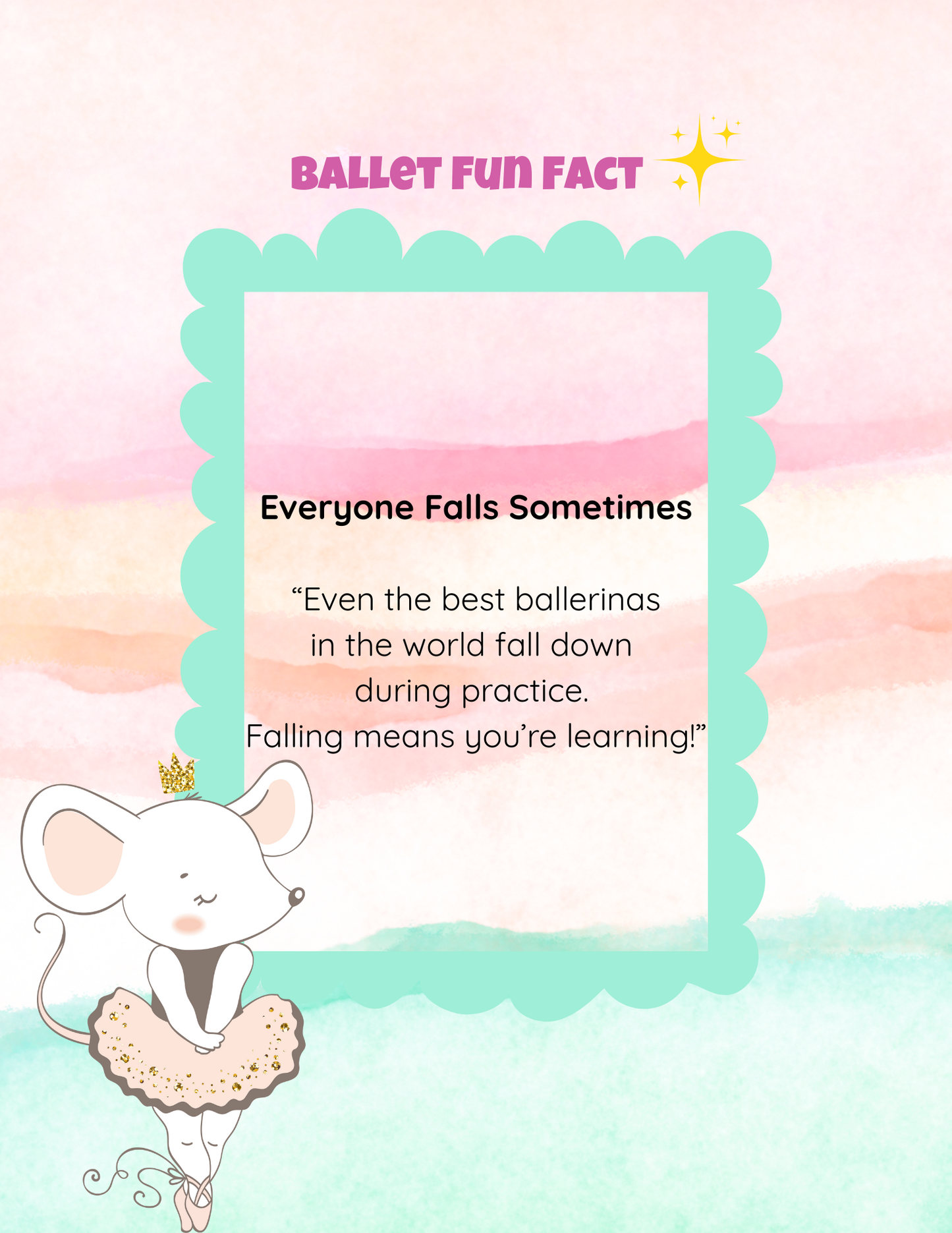 Cartoon mouse in a ballet outfit with a ballet fun fact text on a pastel gradient background