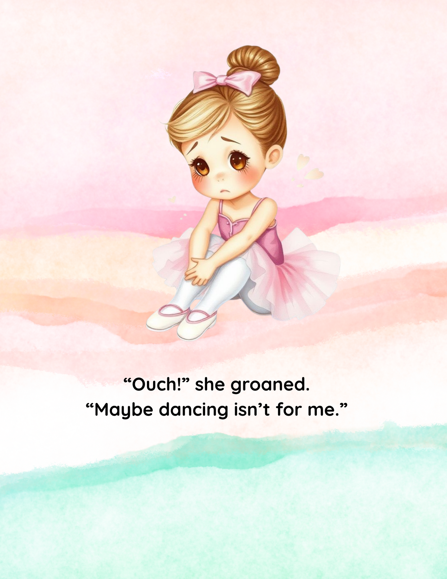 Cartoon ballerina sitting on a cloud with a sad expression and text underneath.