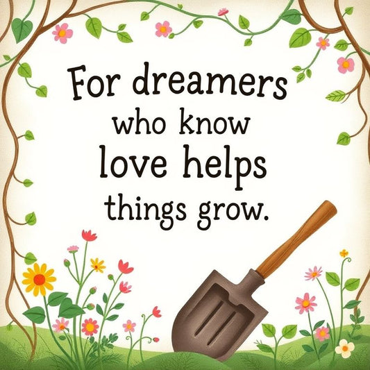 Motivational quote with a shovel and flowers on a light background