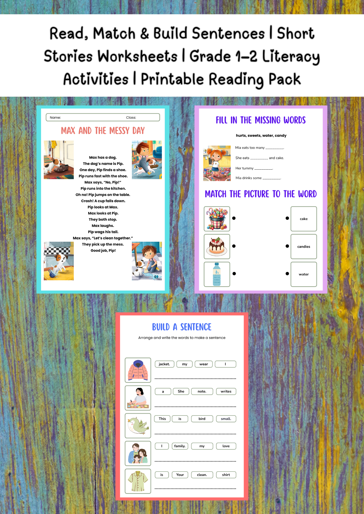 Read, Match & Build Sentences | Short Stories Worksheets with Illustrations | Grade 1–2 Literacy Activities | Printable PDF