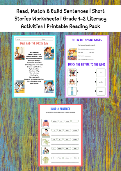 Read, Match & Build Sentences | Short Stories Worksheets with Illustrations | Grade 1–2 Literacy Activities | Printable PDF