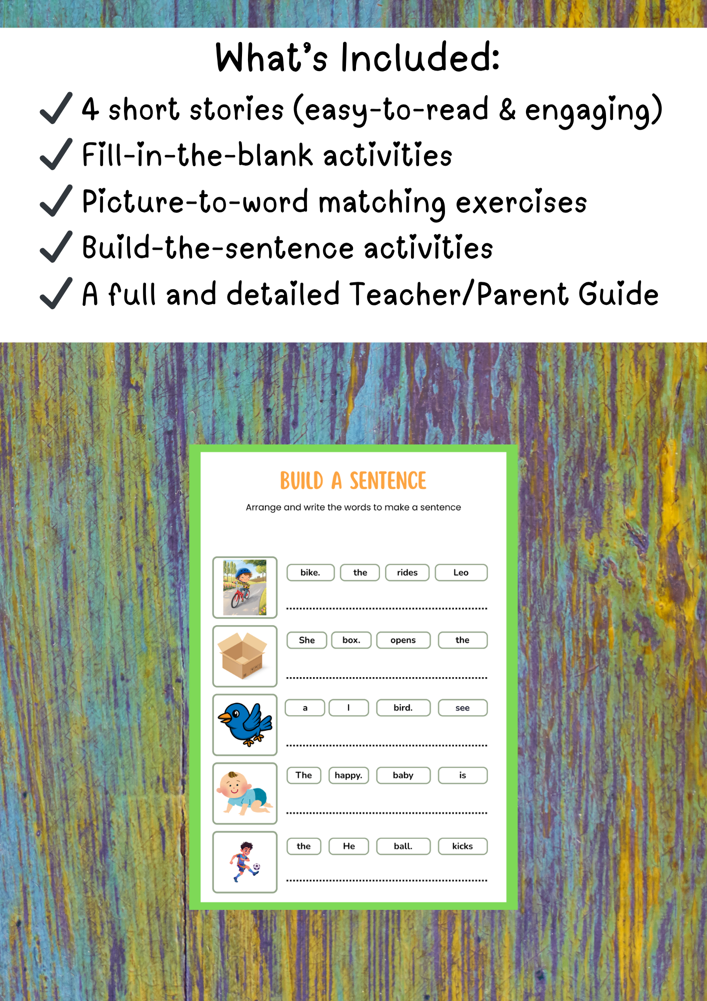 Read, Match & Build Sentences | Short Stories Worksheets with Illustrations | Grade 1–2 Literacy Activities | Printable PDF