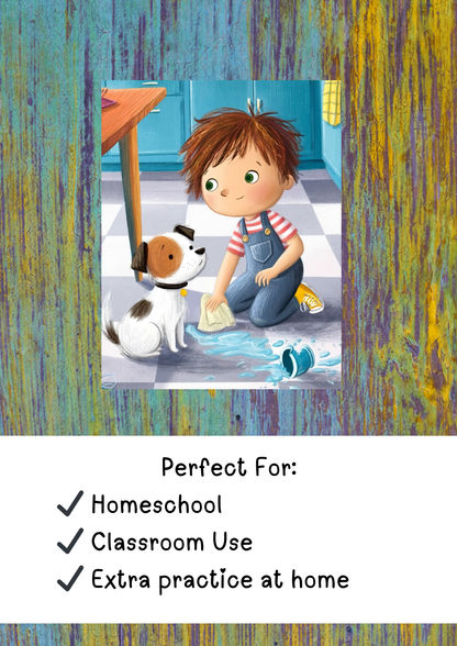 Read, Match & Build Sentences | Short Stories Worksheets with Illustrations | Grade 1–2 Literacy Activities | Printable PDF