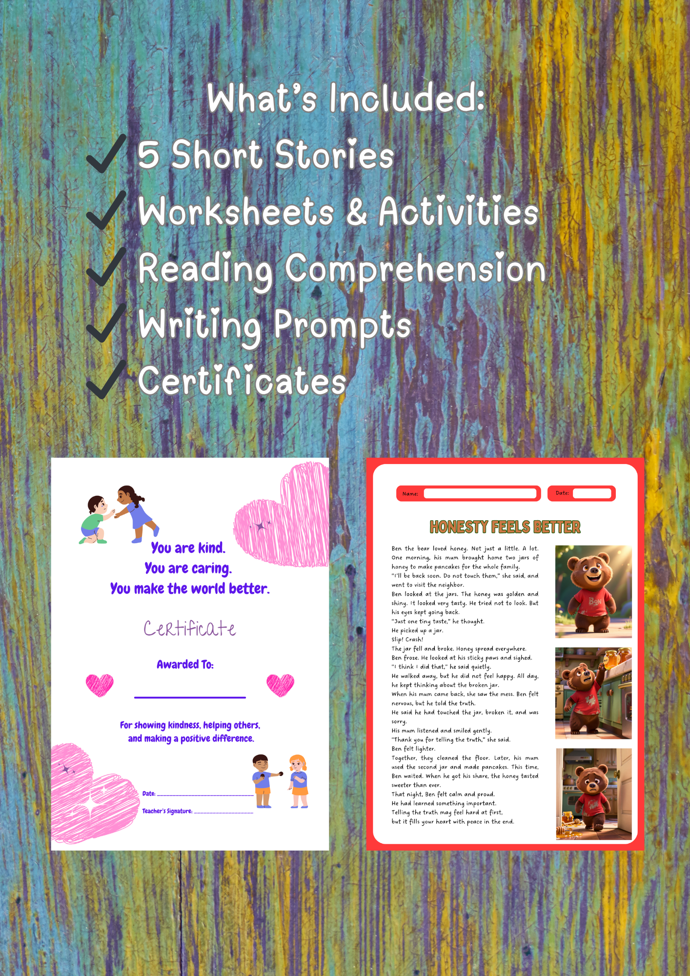Kids Printable Worksheets Bundle | 5 Social Emotional Learning Stories & Reading Activities (Grades 2–4)