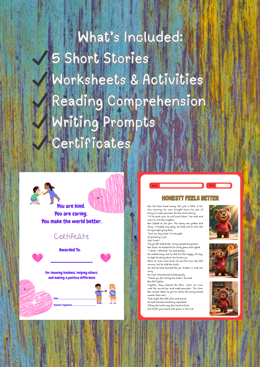 Kids Printable Worksheets Bundle | 5 Social Emotional Learning Stories & Reading Activities (Grades 2–4)