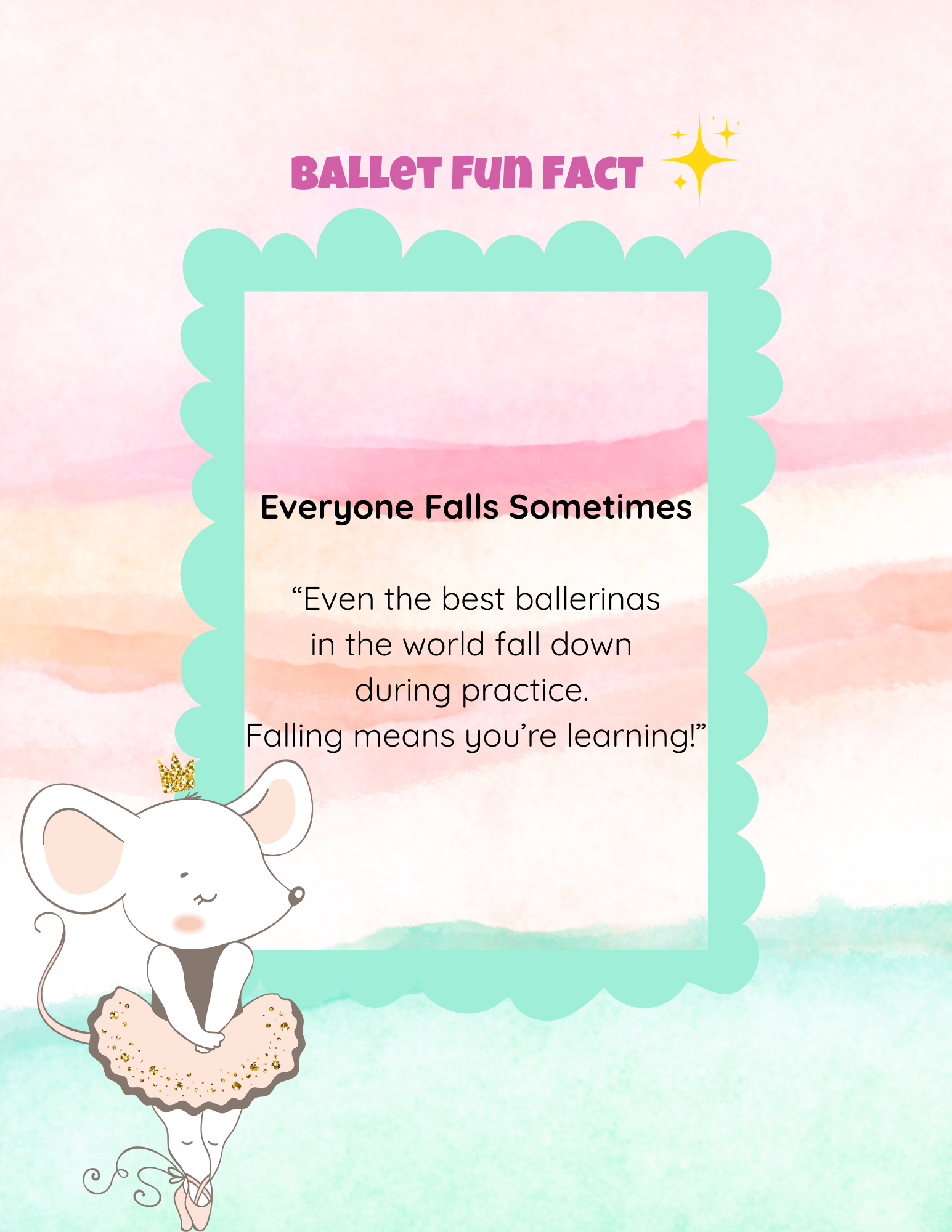 Cartoon mouse in a ballet outfit with a ballet fun fact text on a pastel gradient background