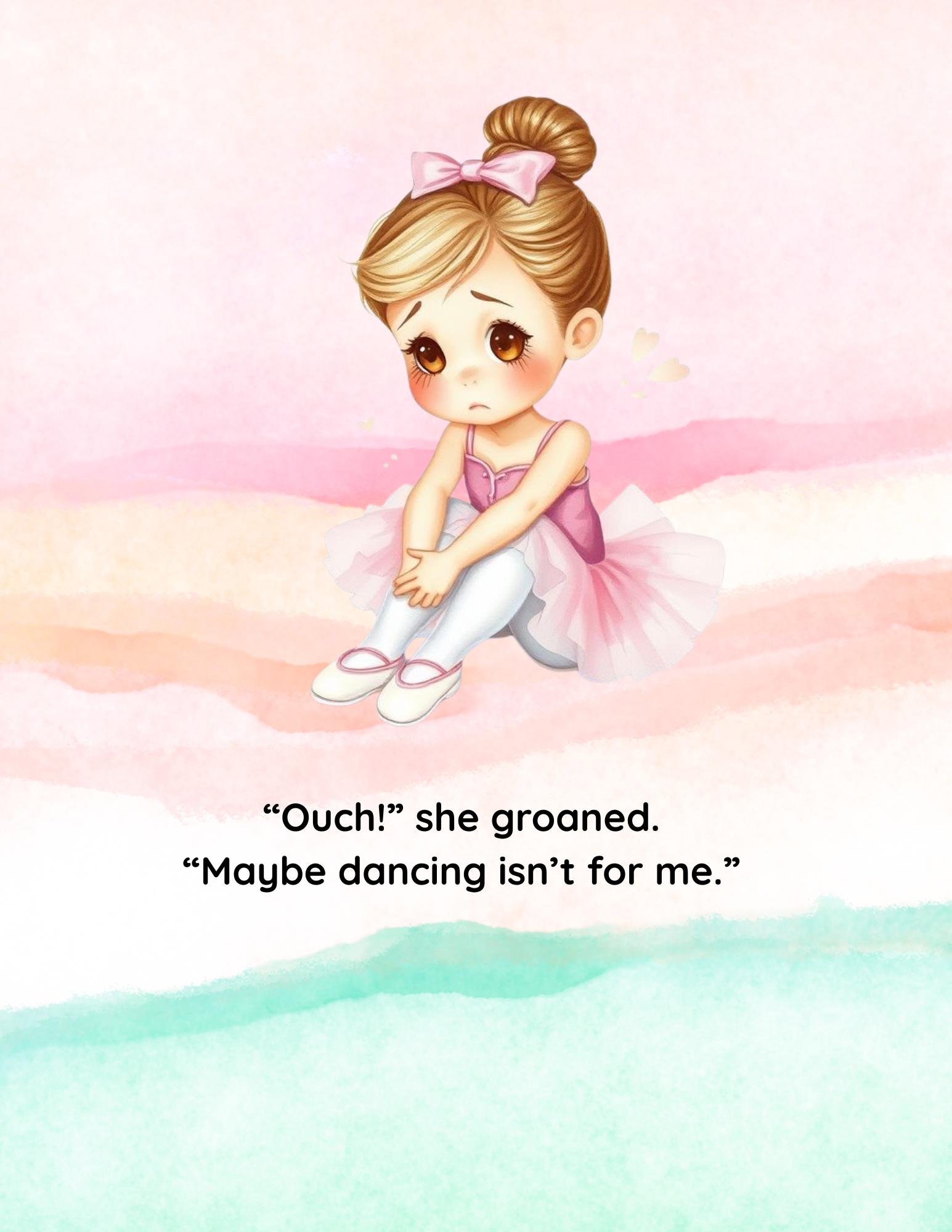 Cartoon ballerina sitting on a cloud with a sad expression and text underneath.