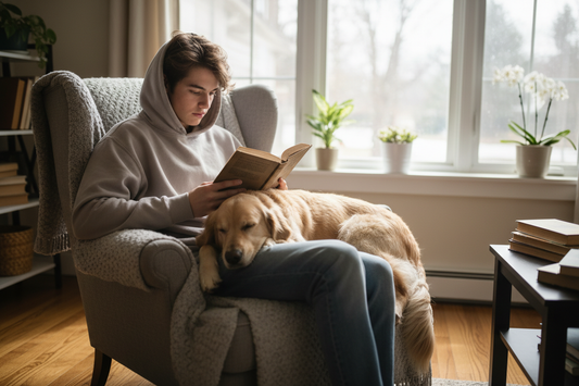 create a realistic photo of a teenage boy reading a book next to his dog
