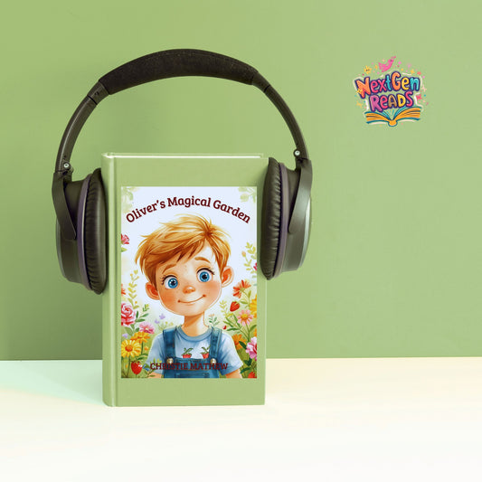 Book titled 'Oliver's Magical Garden' with headphones on a green background, featuring the NexGen Reads logo.