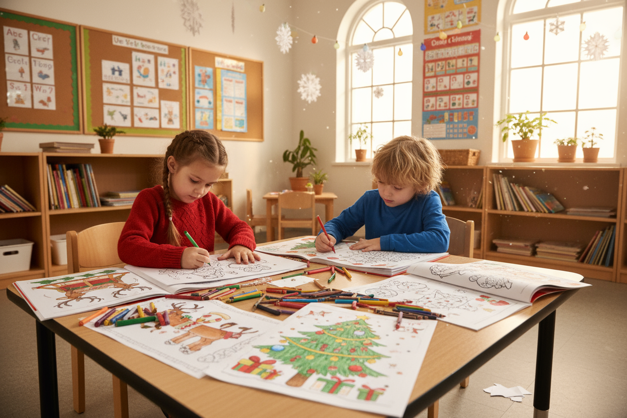 two children around 6 draw christmas coloring pages. classroom background