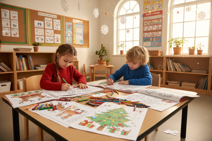 two children around 6 draw christmas coloring pages. classroom background
