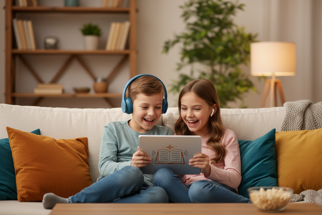 two kids (boy and girl) holding a tablet and listening to an audio book happily. living room background